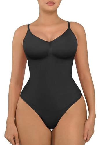 FeelinGirl Shapewear Damen Body Bauchweg Nahtlos Bodysuit V-Ausschnitt Formende Sringbody Überbrust Seamless Bodyshape mit Verstellbarer Riemen Schwarz M/L