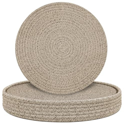 Round Placemats Set of 6 with Holder, Cotton Rope Woven Place Mats, Hot Pads for Kitchen, Heat Resistant Table Mats, 13 Inch Farmhouse Washable Braided Placemat for Kitchen Decor (Brown)