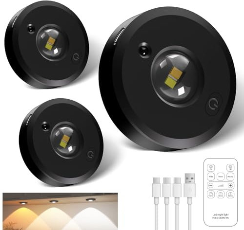 Schrankbeleuchtung Kabellos mit Fernbedienung,LED Spots Akku USB Aufladbar Dimmbar mit Timer 3 Farben, Rund Indirekte Beleuchtung für Schrank, Küchenschränke, Regale, Vitrinen