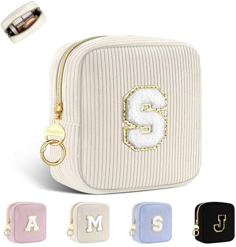 Petit Trousse Personnalisable Pochette Maquillage Femme Mini Trousse de Toilette Fille avec Initiale Sac de Cosmétiques en Velours Côtelé Personnalisée Cadeau Anniversaire Noël Filles Maman(Beige-S)