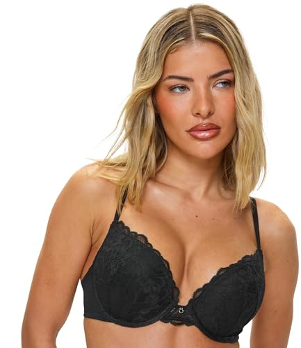Ann Summers Sexy Lace Padded Boost Bra, A-DD Cup, Curve-Enhancing Womens Underwear with Graduated Push-Up Cups, Underwire Support & Plunge Fit for Double Cleavage Boost Black - Womens Lingerie