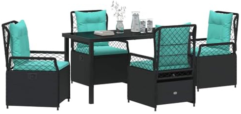 vidaXL Liegestuhl-Set in Schwarz mit türkisen Kissen | Gartenmöbel für draußen, verstellbare Rückenlehne, bequemes PE-Rattan, robuster Stahlrahmen, ideal für Terrasse und Essbereich, moderner Tisch