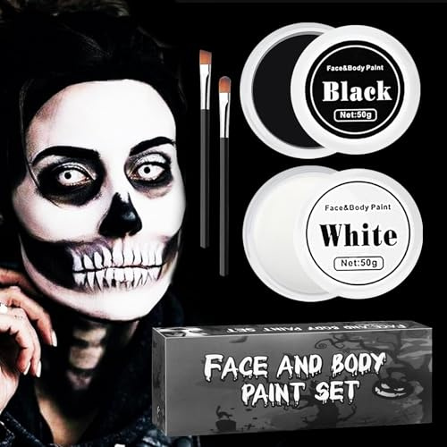 100g Maquillage Halloween Noir Blanc Peinture Corporelle avec 2 Pinceaux de Enfant Adulte Peinture Corporelle Imperméable Peinture Visage pour Halloween Carnaval Théâtre Cosplay Fantaisie Clown