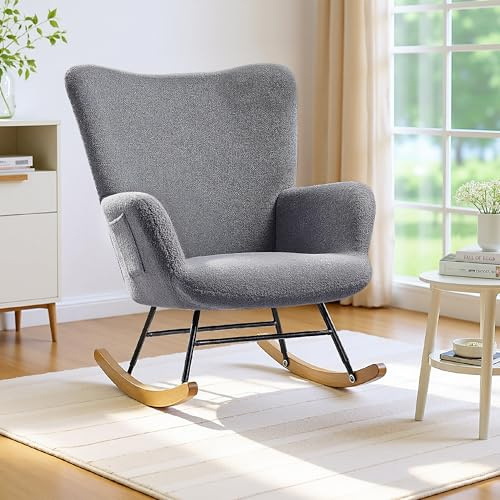 VECELO Fauteuil à Bascule, Rocking Chair, Allaitement en Tissu Bouclé, Chaise à Bascule, Structure en Acier, Pieds en Bois Massif pour Nursery, Chambre Bébé, Salon