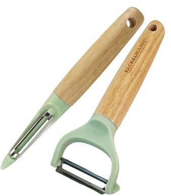Fackelmann Set 2 Pelaverdure e Pelapatate a Y in Legno FSC® e Plastica, Utensili da Cucina Sostenibili, Pelapatate Verticale e Pelapatate a Y per Frutta e Verdura, Linea Ocean