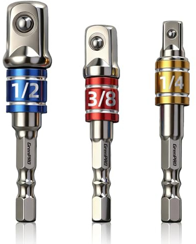 GRENPRO Impact Socket Adapter Extension Set, Nut Driver 1/4 Hex Shank, Size 1/4 3/8 1/2 Drive, Cr-V Steel Power Drill to Nut Driver Converter for DIY, Home Repair, 3-Piece