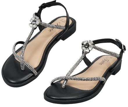 JOMIX Sandalias de Mujer con Strass, Hebilla Regulable, Tacón Bajo Cuadrado, Zapatillas Elegantes de Verano, Cómodas para Uso Diario y Vacaciones