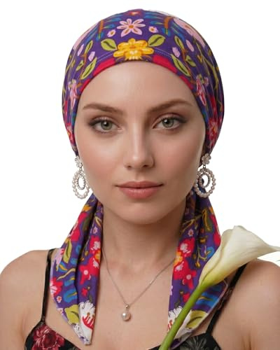JUVTO Women's Pre-Tied Chemo Head Scarf, Soft Breathable Cancer Turban for Hair Loss, Slip-On Head Covering (Violet Rhapsody)