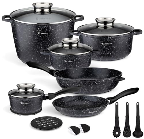 EliteHoff induktionsgryta och stekpannor i set, 17-delat köksredskaps-set, kastrull och stekpannor med lock, aluminiumkastrull, non-stick-köksredskap för alla spistyper, diskmaskinssäkert & PFOA-fritt