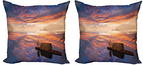 Ambesonne Fantasy Throw Pillow Cushion Cover Pack of 2, Imaginary World Man Shipping on His Boat Rowing Fluffy Clouds Endless View Image, Zippered Double-Side Digital Print Decor, 20, Multicolor