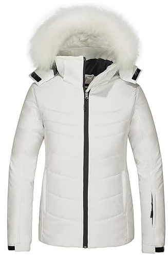 Skieer Women's Waterproof Ski Jacket Warm Winter Snow Coat Windproof Hooded Rain Jacket White XL