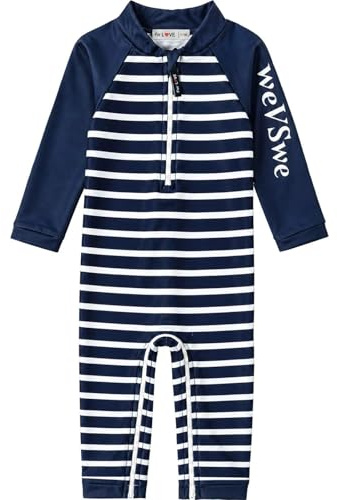 weVSwe Kleinkind Junge Badeanzug UPF 50+ Sonnenschutz Recycling Stoff Einteiler Baby Langarm Rash Guard Marineblaue Streifen 6-12 Monate
