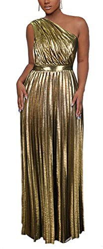 AOMEI Women's Luxury Metallic One Shoulder Sleeveless Elegant Pleated Long Dress