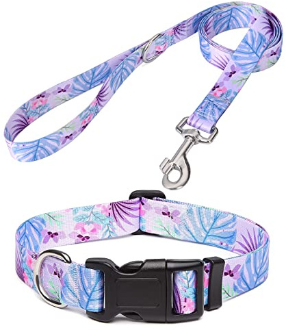 Mihqy Dog Collar and Leash Set, for Large Dogs, Purple Flower Set,L | with Floral Patterns, Adjustable for Small Medium Large Dogs, Comfortable for Walks and Outdoor Hikes
