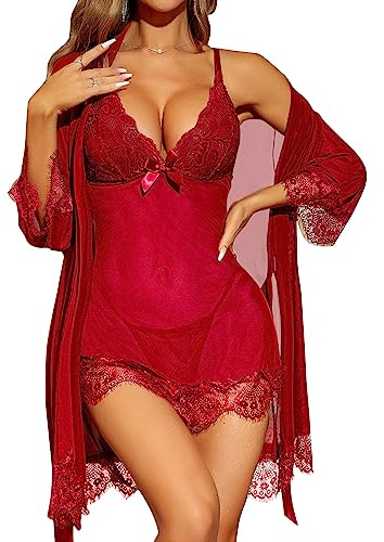RSLOVE Sexy Lingerie for Women Lace Babydoll with Robe Nightdress Sleepwear Wine Red Medium