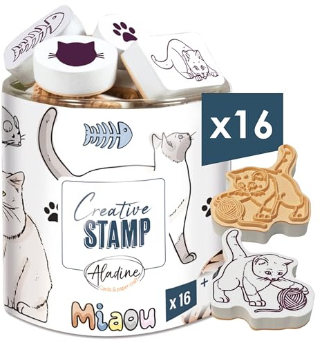 Aladine-16 Tampons Chats avec Encreur – en Mousse & Caoutchouc – pour Carterie, Bullet Journal, Scrapbooking, Loisirs, Dessin – Creative Stamp – Idée Cadeau Enfant Adulte, 03714