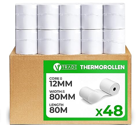 V1 Trade Termopappersrullar 80 mm x 80 m x 12 mm (48 Stycken) - Kassarullar för Kassaskåp - EC-Rullar av Termopapper 42 g/m2 - Kvittorullar för Kvittskrivare