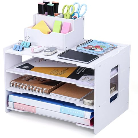 Belle Vous Organizador de Escritorio Blanco - Bandeja Estanteria Portadocumentos de Sobremesa de 4 Niveles para Almacenaje de Documentos Papeles Accesorios y Material de Oficina