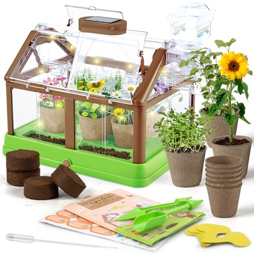 DUYOYU Kids Plant Growing Kit - Kids Greenhouse & Flower Growing Kit with Upgraded Irrigation & Grow Light – Perfect Gardening for Kids（Solar Green）