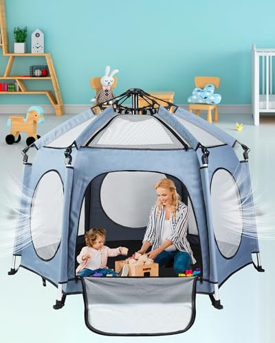 HOMGEN Laufstall Baby Faltbar mit Matratze 144×103cm– Pop-up Laufgitter Baby Klappbar, 6 Eckig, Leicht und Tragbar, Reiselaufstall mit Tragetasche Mit Sonnenschutz für Garten, Strand und Reisen