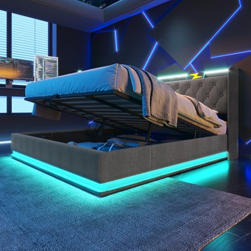 FEZTOY Polsterbett Doppelbett mit LED, Drucktaste/App/Fernbedienung, 180x200 cm, Grau Leinen-Material Hydraulisches Stauraumbett, Kopfteil mit USB Typ-C,Ohne Matratze