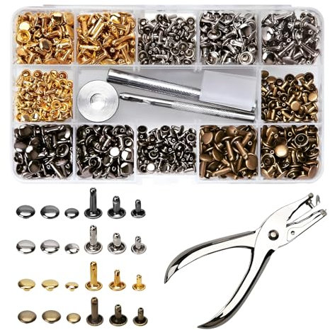 maxtachi 360Pcs Leather Rivets Kit, 3 Sizes Double Cap Tubular Rivets for Metal, Flat Tubular Metal Studs with Leather Hole Punch Pliers and Fixing Tool Kit, for Leather Craft Repair Decoration