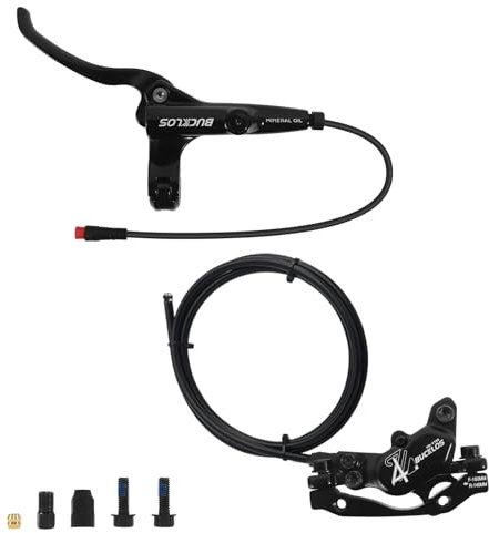 BUCKLOS EBike 2-PIN 4 Pistons Electric Power Off MTB Hydraulic Disc Brake Set,E-Bike Left Front 1150mm Right Rear 1950mm Aluminum Alloy Caliper Lever for ebike/Scooter/Mountain Bike HD-E735(Pre-Bled)