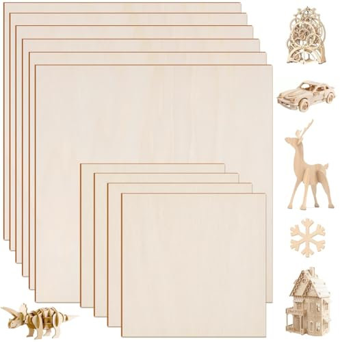 KNGNGK 10 Pièces Contreplaqué Tilleul, 6 Pcs 300x300x3mm et 4 Pcs 150x150x2mm Plaque de Contreplaqué, Planche de Bois pour Pyrogravure, Plaque Bois Gravure Laser pour Découpe, Peinture, Bricolage