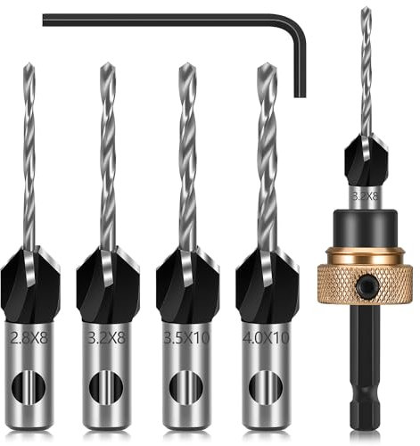 JIZZU 4PCS Countersink Bits, Countersink Drill Bit Set with 4 Different Sizes Replaceable Drill Bits, Depth Adjustable Counterbore Hole Drill Bits with Hex Shank, Counter Sink Bits for Wood