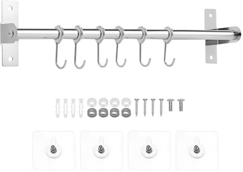 QWORK® Barra portautensili cucina acciaio inossidabile, 40 cm porta utensili da cucina con 8 ganci mobili, autoadesiva e montaggio a vite per cucina, guardaroba e bagno