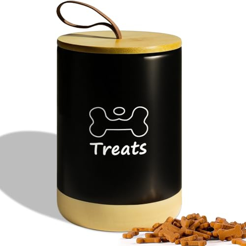 NIXBYO Hundgodis behållare lufttight – 19 cm x 12 cm keramisk hundburk för kökscounter, svart hundkaka burk med lock