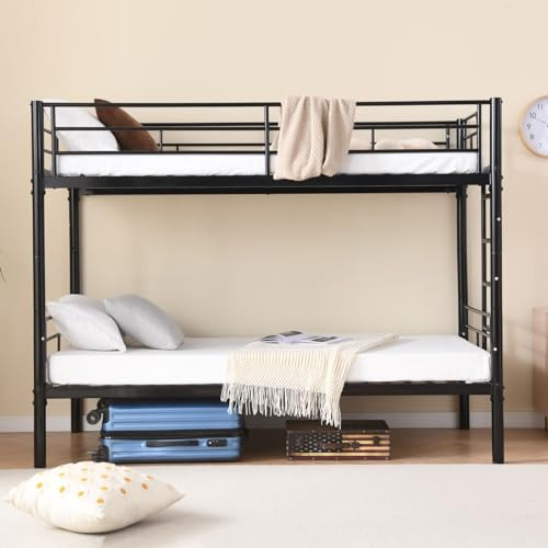 KOMHTOM Lit Superposé 90x200cm en Métal avec Échelle et Sommier à Lattes, Lit Simple Divisé, Cadre de lit Moderne pour Ados (sans Matelas) (Noir-B)