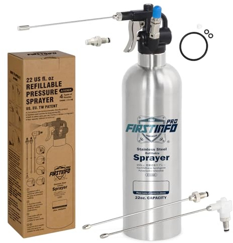 FIRSTINFO Pulvérisateur Rechargeable en Acier Inoxydable 650 ml, Pressurisé à 110 PSI, 4 Buses Interchangeables, Réservoir Réutilisable pour Nettoyant Freins, Dégraissant et Lubrifiant A1636K