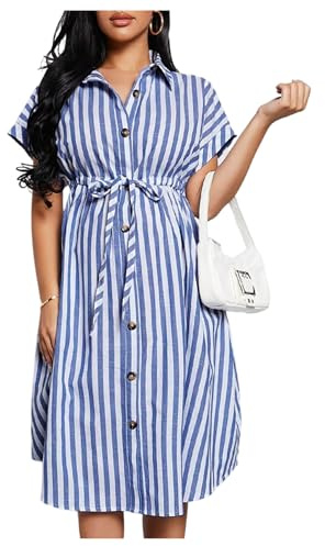 MakeMeChic Women's Maternity Dress Striped Tie Front Button Down Drawstring Short Sleeve Shirt Dresses Blue and White Large