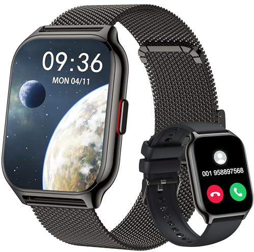 APAUK Smartwatch für Damen Herren,Fitnesstracker 2'01 Zoll mit Telefonfunktion/Sprachassistent/Message Reminder,Fitnessuhr Puls-Schlaf-Monitor(Metall schwarz + Silikon schwarz)