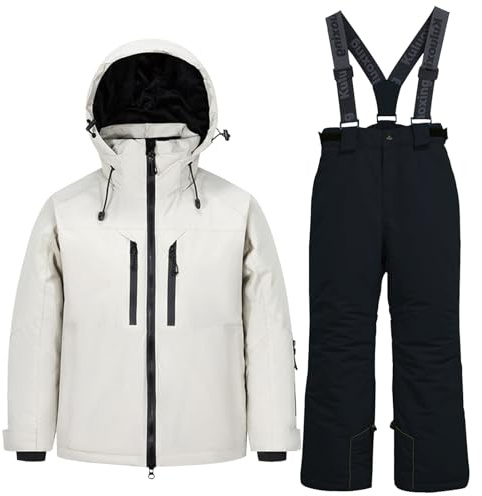 SXSHUN Kinder Jungen Schneeanzug Mädchen Skianzug Winddicht Wasserdicht Skibekleidung Winter Jacke mit Kapuze&Ski Hose, Weiß+Schwarz, 152-158