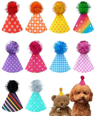 CHarmeFleur Confezione da 10 Mini Cappelli da Festa per Piccoli Cani Compleanno Animali di Peluche Bambole Cuccioli Gatti Fascia Regolabile Festosi Cappelli di Feltro col