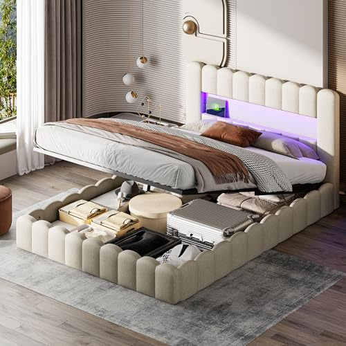 Dubbelsäng 180 x 200 med säng, vadderade sängar 180 x 200 cm, hydraulisk säng med LED- och USB-förvaring, vadderad säng med ribbsängram för tonåringar och vuxna (beige-G, 180 x 200)