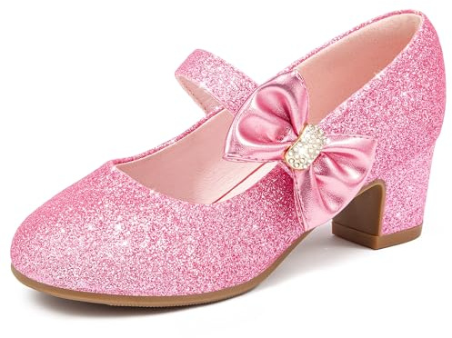 LAURMOSA Pink Princess Shoes Girls Party Shoes for Kids High Heels for Girls Pumps Sparkly Glitter Flower Girl Mary Jane Size 11 Flats with Bow Little Kid Wedding Prom Dance Formal (UKL1055ShPink 11)