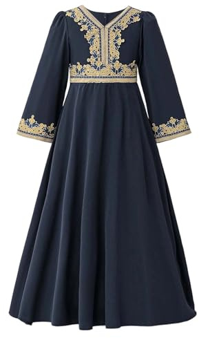 Élégante robe Abaya pour fille pour les occasions festives, par exemple pour un baptême ou une soirée, Marine, 11-12 ans