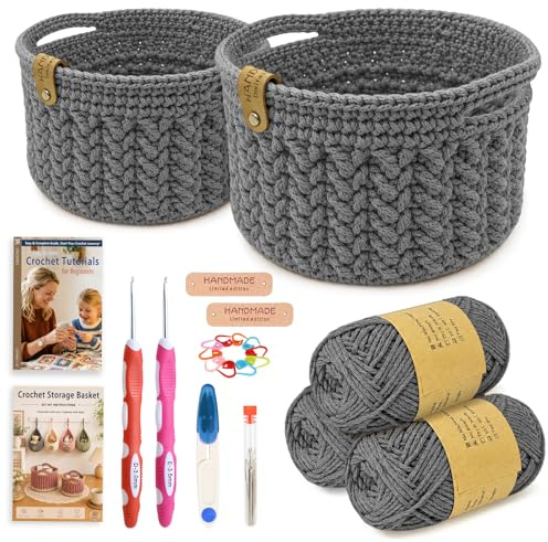 Yarnger Crochet Basket Kit, 2 Round Basket Crochet Kit, Dark Gray | Practical Crochet Kit for Beginners with Thick Cotton Yarn Crochet Hook Step-by-Step Instruction, Perfect for Home Storage