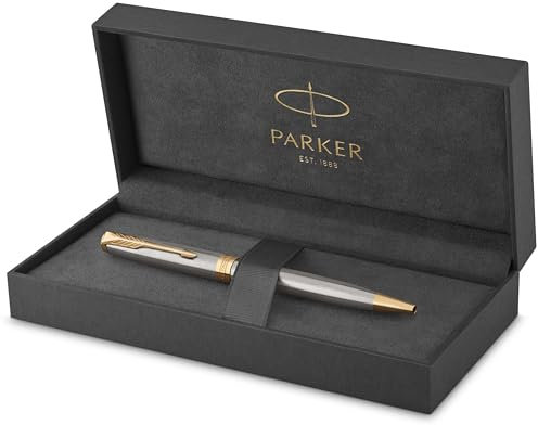 Parker Sonnet Kugelschreiber | Edelstahl mit Goldzierteilen | Mittlere Spitze | schwarze Tinte | Schulsachen und bürobedarf | Geschenkbox