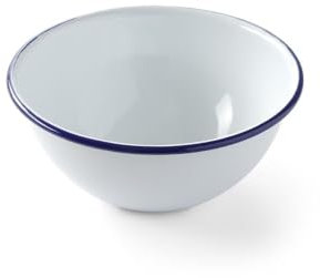HENDI Bol en acier émaillé blanc, avec bord bleu, saladier, grand bol à soupe et à salade, bols de service à céréales, 0,92L, ø160x(H) 74mm
