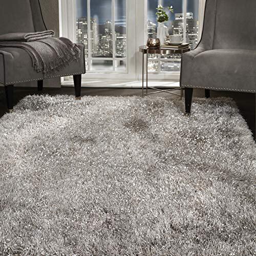 SHAGGY RUG Super Plush Extra Large Rugs Living Room with SHIMMERING SPARKLE GLITTER STRANDS Fluffy 55mm Thick Pile Height Modern Area Rugs - (Silver Grey, 240cm x 340cm (7.9ft x 11.2ft))