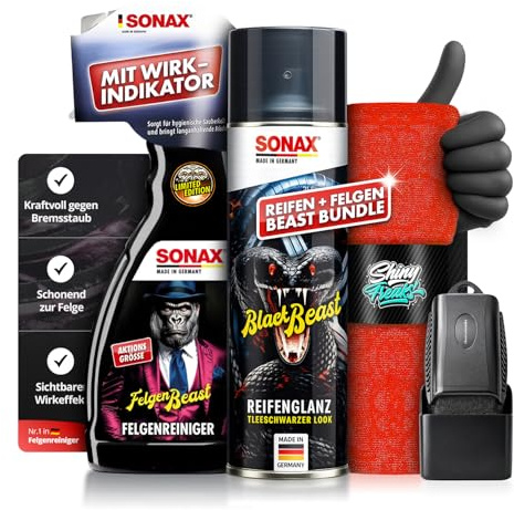 Shiny Freaks Felgen- & Reifenpflege Set: SONAX FelgenBeast Felgenreiniger 500ml + BlackBeast ReifenGlanz 500ml + Tire Dressing Applicator + Mikrofasertuch + Handschuhe - sauber reinigen, satt pflegen