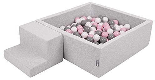 KiddyMoon Area di Gioco in Schiuma con Quadrato Piscina di Palline (200 Palline) per Bambini, Grigioch:Bianco/Grigio/Rosa Chiaro