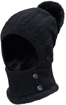 TAGVO Hiver Chaud Tricoté Bonnet Et Ensembles De Cache-Cou, Flexible Avec Boule De Poils,Doublé En Molleton Épais Doux,Masque Facial Réglable Pour Femmes Pour Les Sports De Plein Air