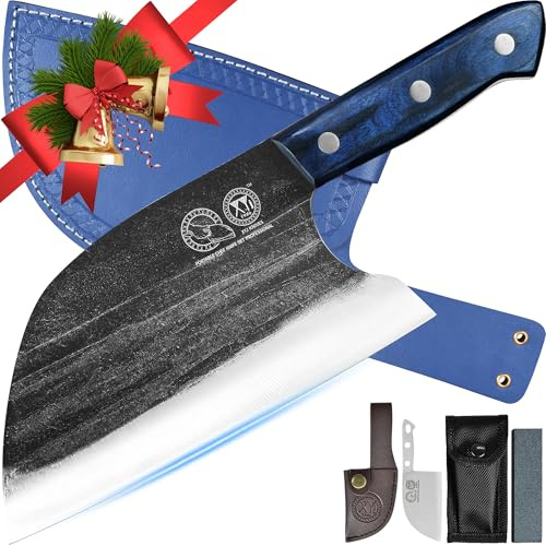 XYJ Authentic Since 1986,Ancient Forged Butcher Knives,Serbian Chef Knife With Sheath,Tiny Knife,Chinese Vegetable Meat Cleaver For Kitchen Camping Outdoor,Full Tang,High Carbon Steel (8 inch)