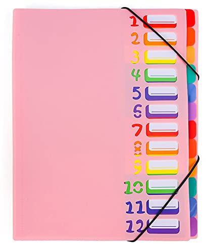 Ordnungsmappe Erweiternde Dateiordner A4 Briefgröße 12 Fächer Akkordeon Dokument Veranstalter Bunte Dateiordner für Schule Büro Konferenzen, Aufbewahrung und Dokumenten Fächermappe (Rosa)