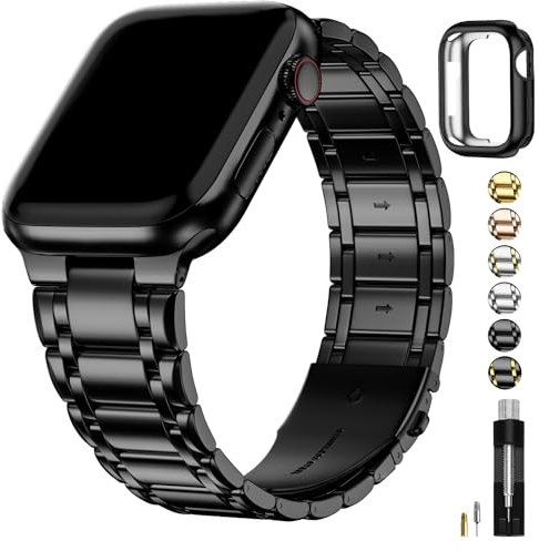Fullmosa Bracelet Compatible avec Apple Watch 44mm 45mm 42mm Bracelet iWatch en acier inoxy pour Femme Homme avec étui protection en TPU pour Apple Watch SE/SE2 série 9/8/7/6/5/4/3/2/1, Noir